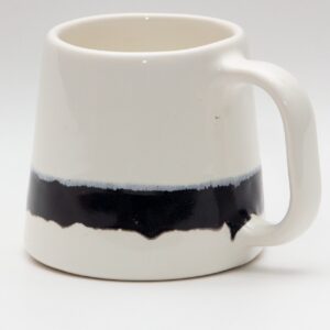 Handmade white ceramic mug with black stripes