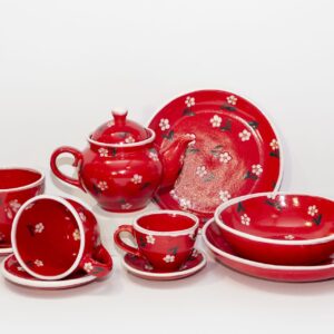 Red tea-set with flowers