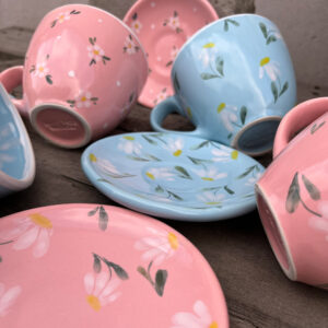 Pink tea-set with flowers